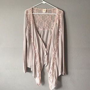 Pink lace and gray striped long sleeve cardigan